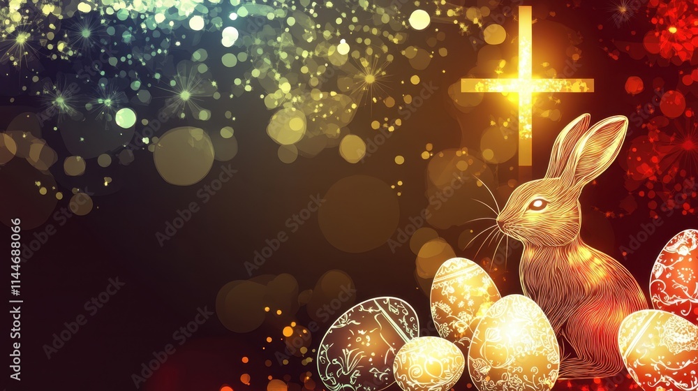 Poster an abstract easter background with a glowing cross and a bunny rabbit surrounded by decorative eggs,