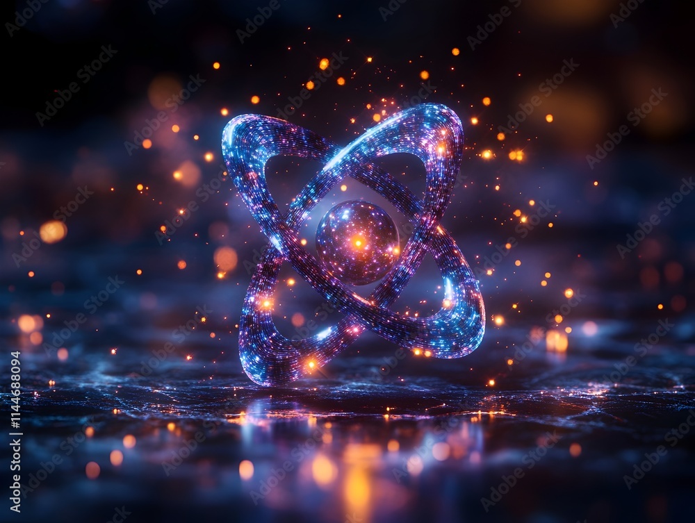 Poster captivating 3d digital art representation of a technetium atom showcasing its intricate electron and
