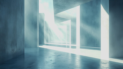 Obraz premium Ethereal Light Rays in Modern Architectural Space with Concrete Walls and Soft Atmospheric Effects Creating a Tranquil Ambiance