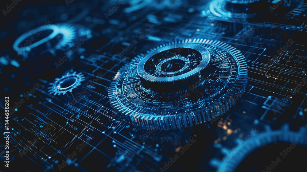 Poster abstract blue gears and circuit board design over a dark background featuring glowing lines and intr