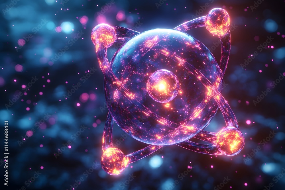 Poster 3d model of a technetium atom highlighting its unique electron shell arrangement and the medical ima