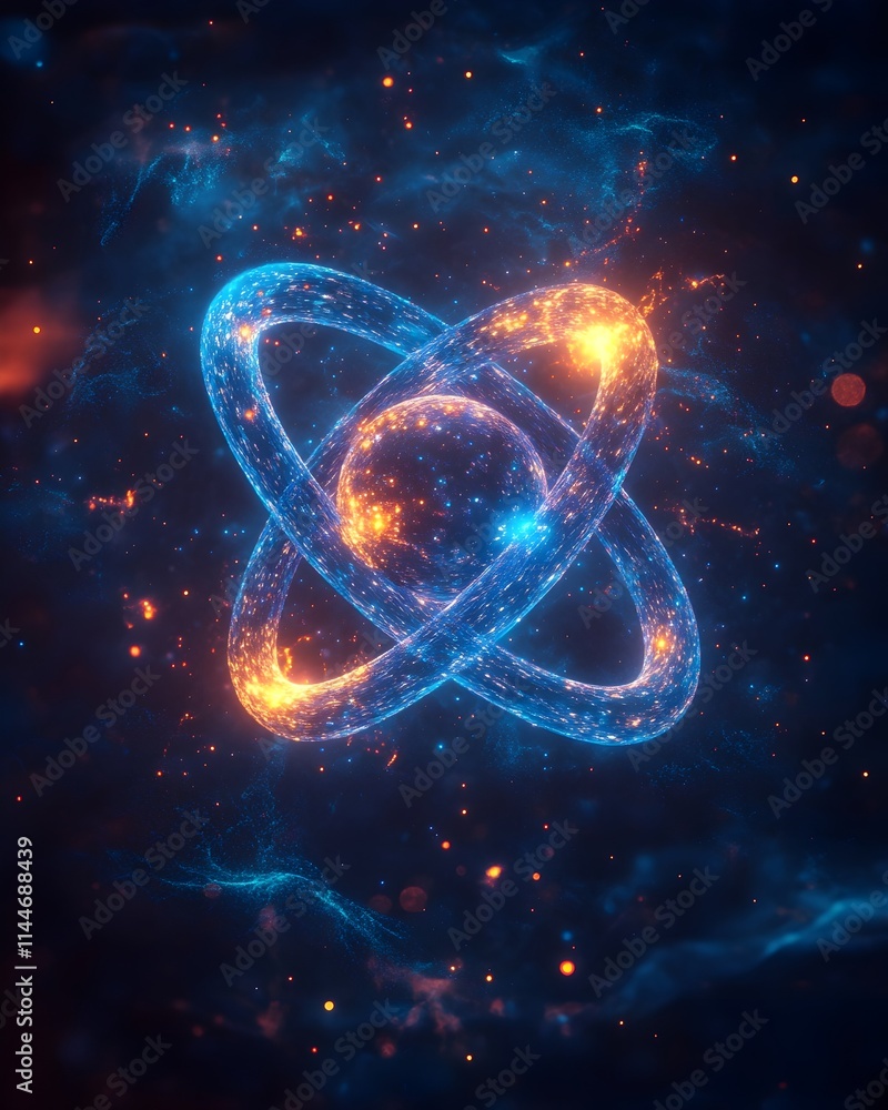 Poster 3d model of a technetium atom highlighting its unique electron shell arrangement and medical imaging