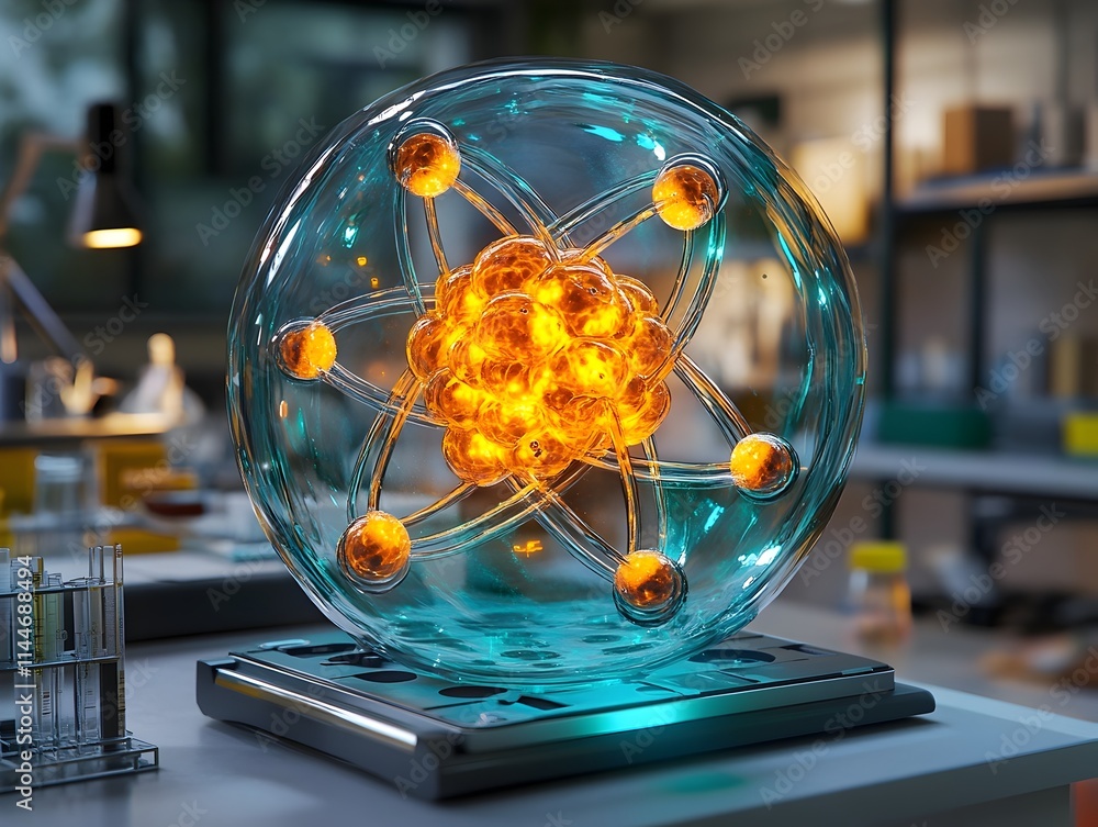 Poster detailed cutaway view of a technetium atom showcasing its intricate electron shell structure and cri