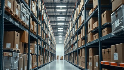 Industrial Warehouse Aisle, Storage Shelving, Bright Boxes, Professional Photo