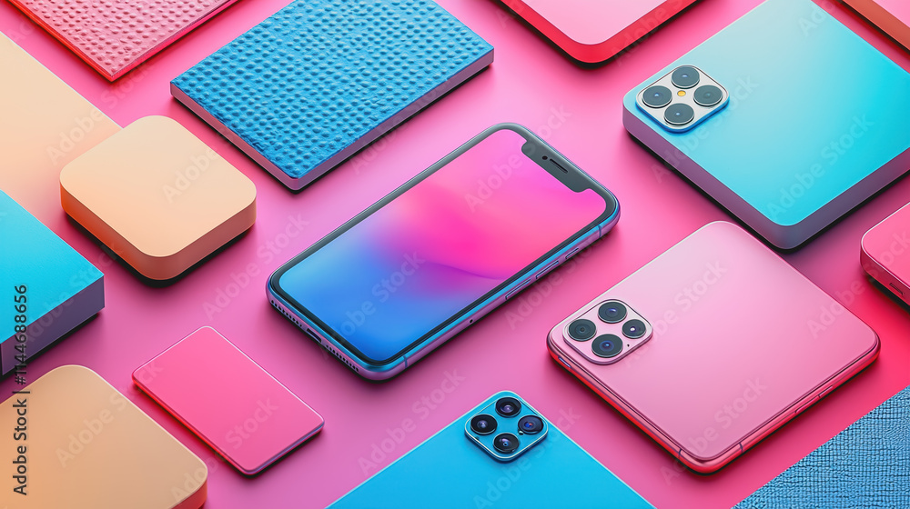 Poster colorful arrangement of modern smartphone and various geometric shapes on pink gradient background c