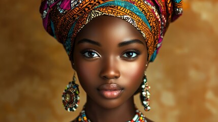 Portrait of young african woman in colorful head wrap and beaded jewelry against warm background