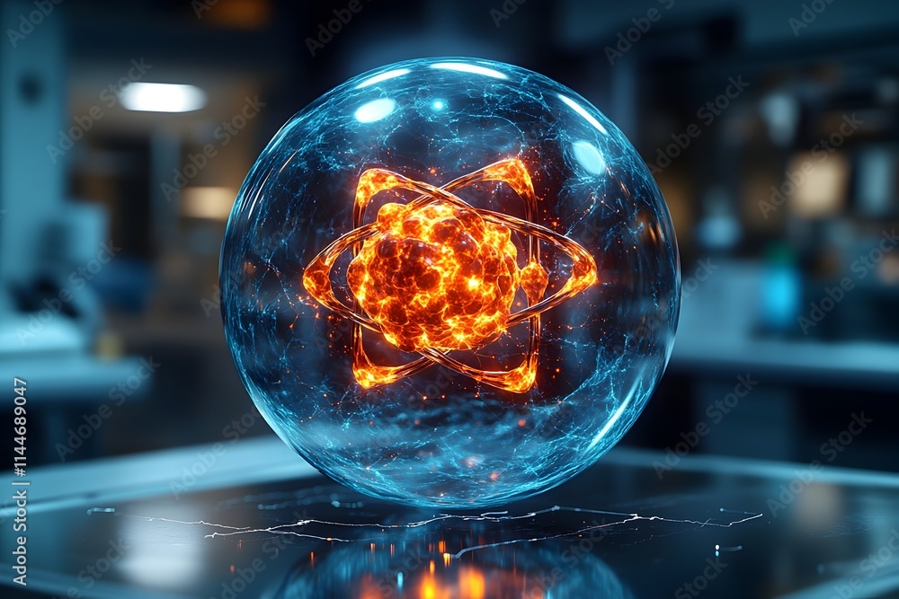 Poster meticulously crafted 3d representation of a technetium atom showcasing its precise electron shell st