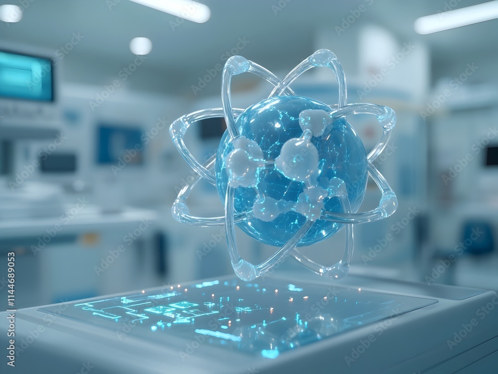 Poster meticulously crafted 3d visualization of a technetium atom displaying its precise electron shell and