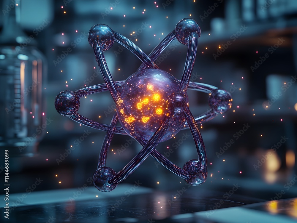 Poster intricate 3d representation of a technetium atom demonstrating its electron shell structure and radi