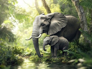 Naklejka premium Tender moment mother elephant protects baby in gigapixel jungle wildlife close-up