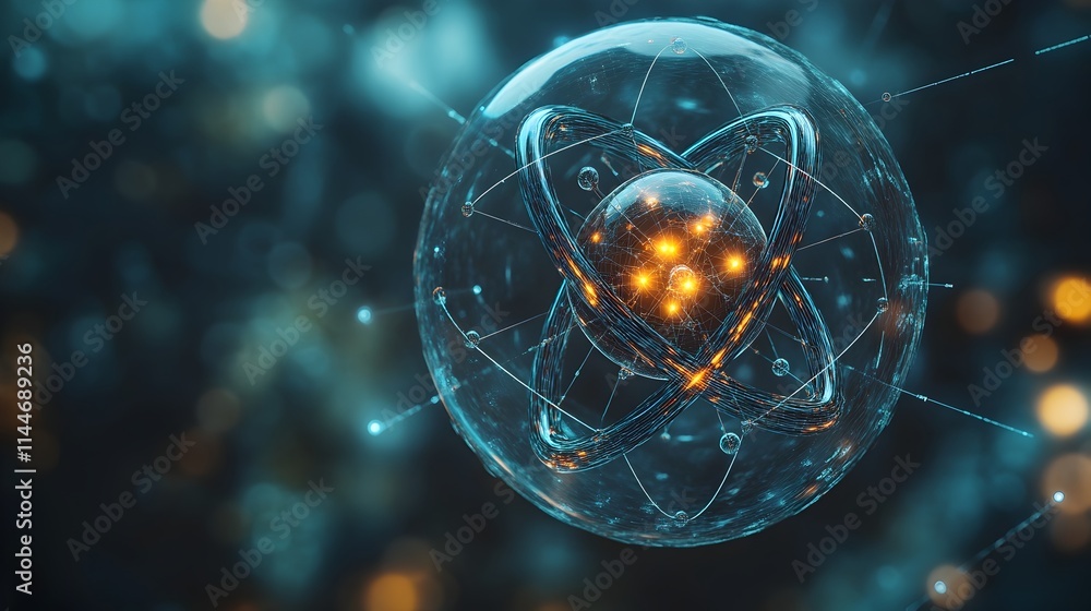 Poster detailed 3d model of a technetium atom showcasing its internal electron structure and highlighting i