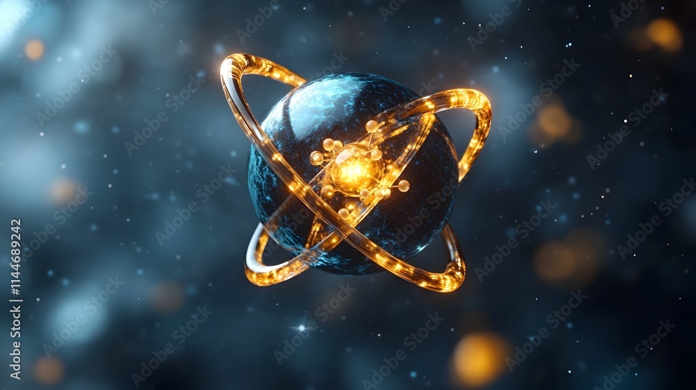Poster highly detailed and scientifically accurate 3d representation of the technetium atom showcasing its 