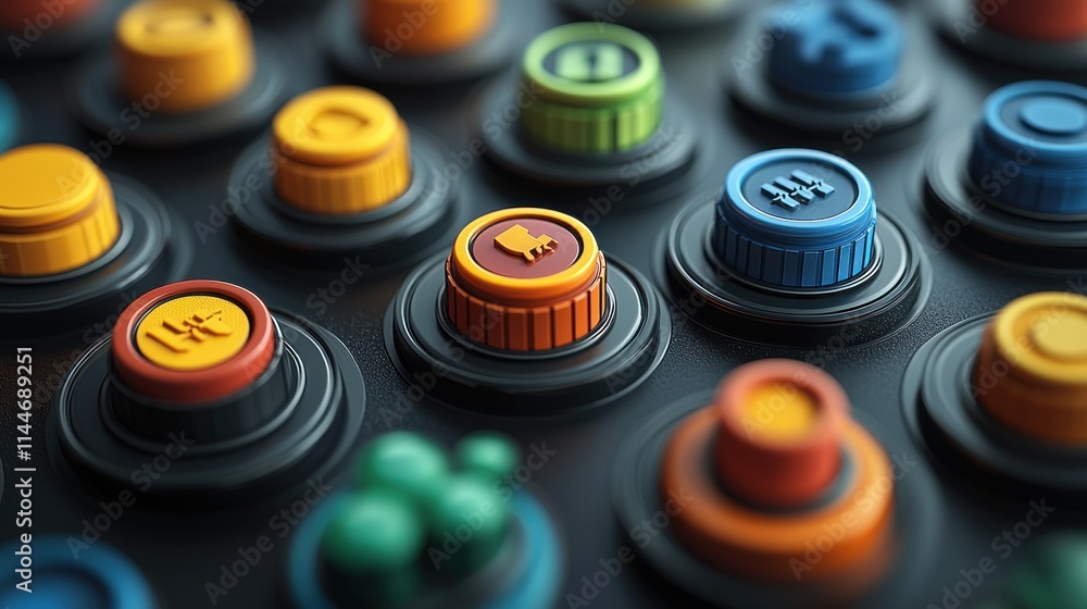 Poster colorful buttons on a control panel for interactive use.