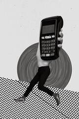 Collage photo of abstract headless running legs want wireless convenient payment terminal paypass...