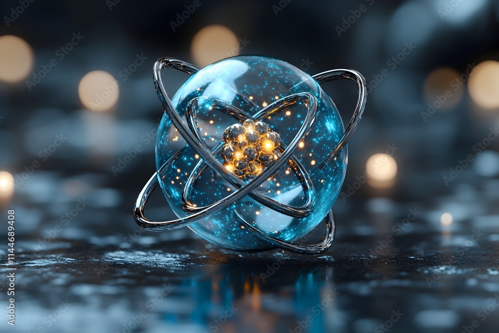 Poster highly detailed and technically accurate 3d model of a technetium atom highlighting its complex elec