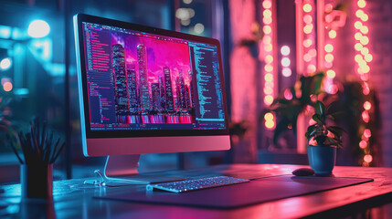 Modern Workspace with Computer Setup Featuring Colorful Cityscape Wallpaper and Ambient Lighting for Inspiring Creative Productivity