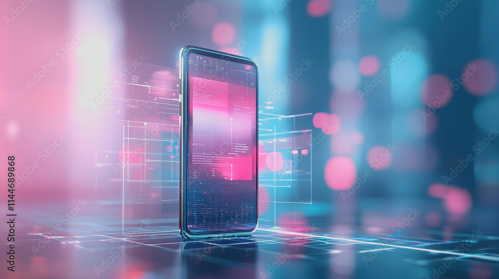 Aufkleber futuristic smartphone surrounded by digital data and glowing interface on colorful background for te