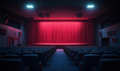 Fototapeta premium Presenting a dimly lit empty movie theater and stage, with red curtains drawn, observed from the rear over rows of unoccupied seats