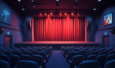 Fototapeta premium Presenting a dimly lit empty movie theater and stage, with red curtains drawn, observed from the rear over rows of unoccupied seats