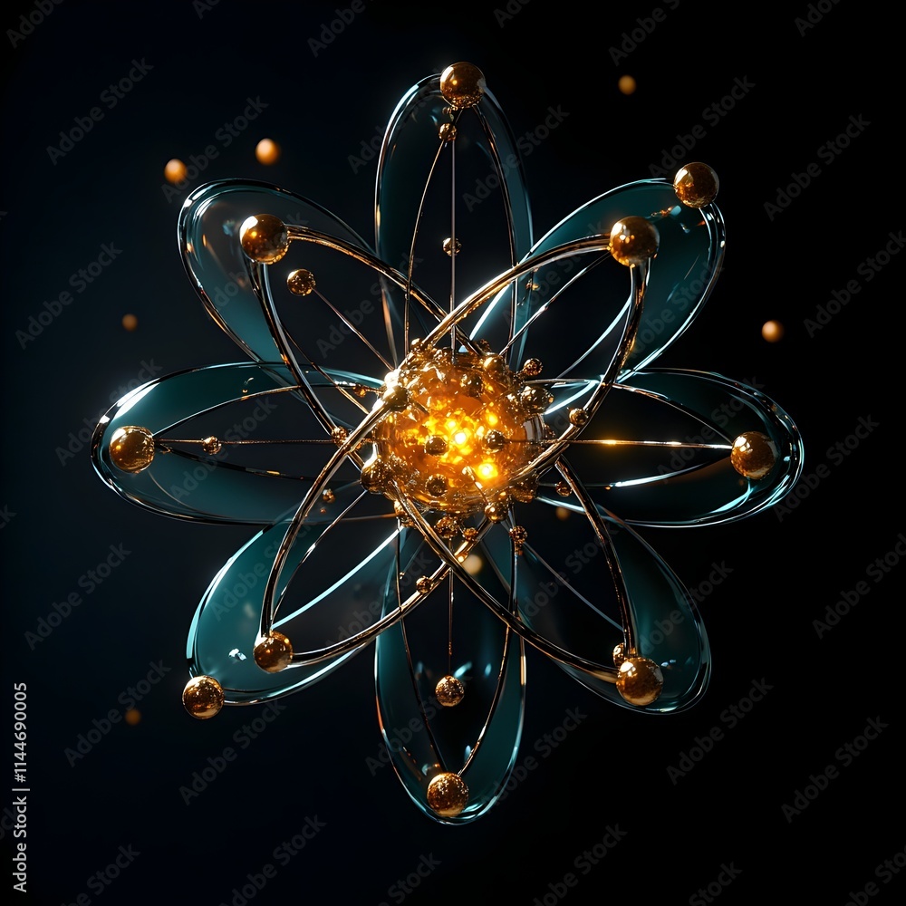 Poster detailed 3d render of a technetium atom deconstructing its subatomic structure and demonstrating its
