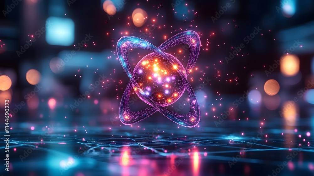 Poster 3d digital model of a technetium atom emphasizing its unique electron shell arrangement and medical 