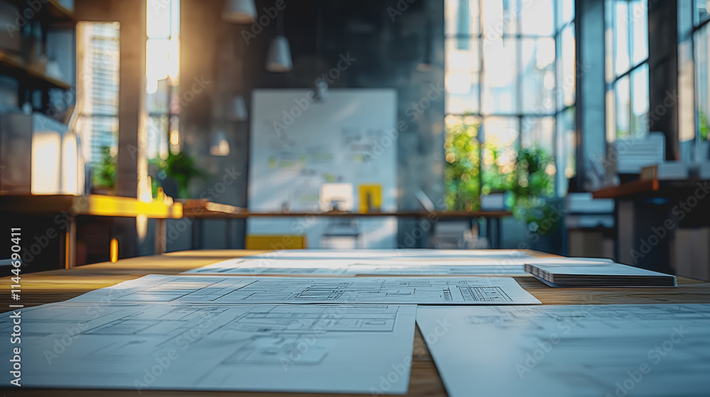 Poster bright and modern office workspace with architecture blueprints and design plans on wooden table sur