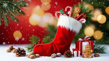 santa claus socks and Christmas tree and lots of gifts