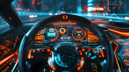 Futuristic Car Dashboard with Neon Lights and Digital Displays