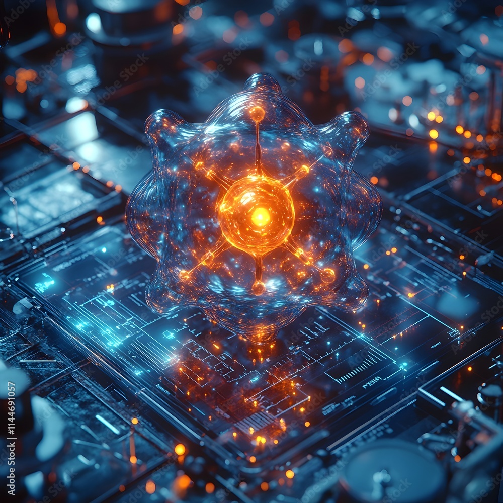 Poster detailed schematic visualization of a technetium atom showcasing its intricate electron structure an