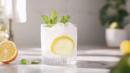 Fototapeta premium Refreshing summer lemonade with mint and ice on sunny table