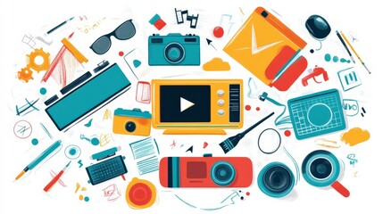 Creative workspace flat lay featuring colorful digital tools, cameras, stationery, coffee cups, and various artistic elements for modern professionals and creators