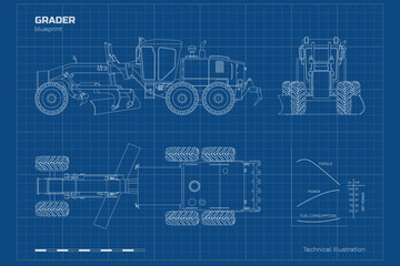 Outline grader drawing. Industrial cargo transport. Side, top and front view of construction vehicle. Contour machine blueprint