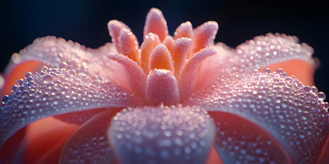 Dew-Kissed Blossom, A Vibrant Flower's Petals Glisten with Morning Dew, Showcasing Nature's Exquisite Detail.
