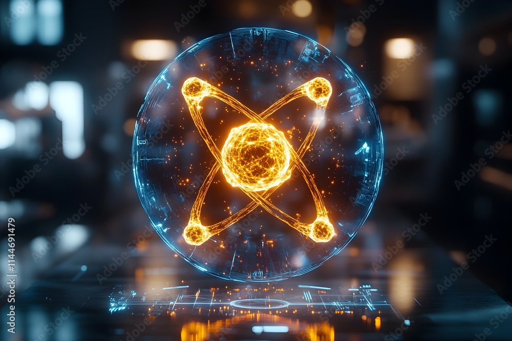 Poster exploded view of a technetium atom displaying its subatomic particles and highlighting the medical i