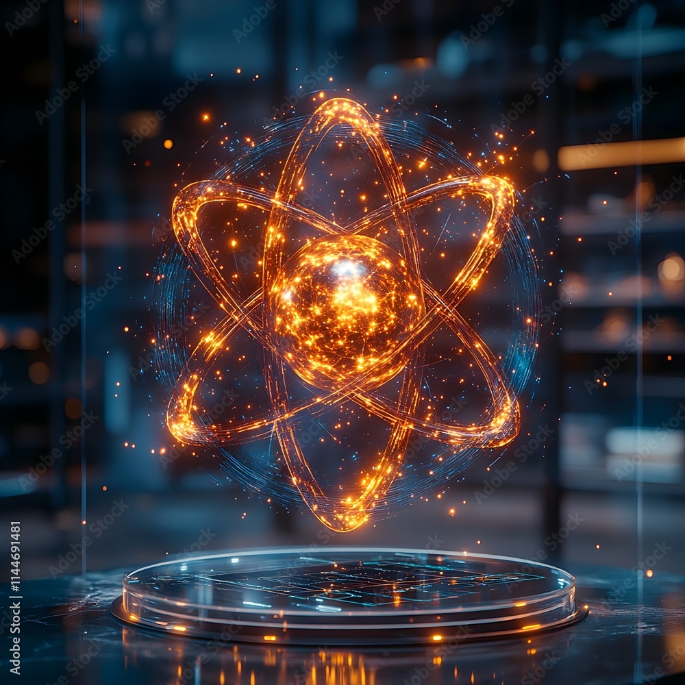 Poster exploded view of a technetium atom showcasing its subatomic particles and medical imaging applicatio