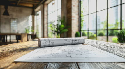 Architectural blueprint and rolled plans on wooden table in modern workspace with large windows and indoor plants in bright daylight
