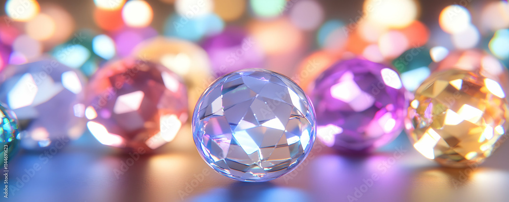 Poster faceted gemstone sphere shines brightly, reflecting colorful lights, creating a dazzling display.