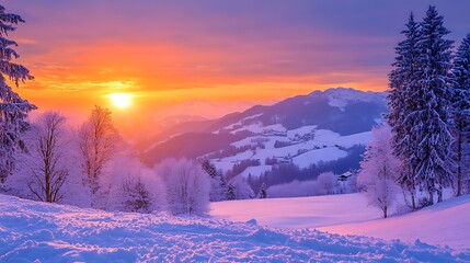 An idyllic alpine sunset scene with the sun sinking behind a mountain ridge, casting a beautiful glow over the surrounding snowy slopes. The sky is a blend of soft oranges, pinks, and purples, 