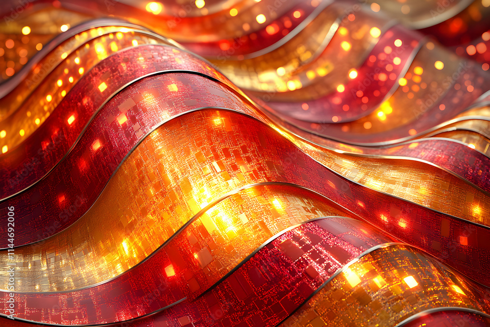 Poster abstract red & gold wave pattern, digital art illuminated by glowing circuits, creating a festive & 