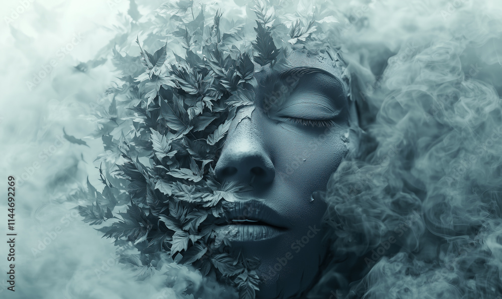 Poster a serene face partially obscured by ethereal textures, creating a dreamlike atmosphere that blends b