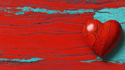 Red heart on rustic red and teal wood.