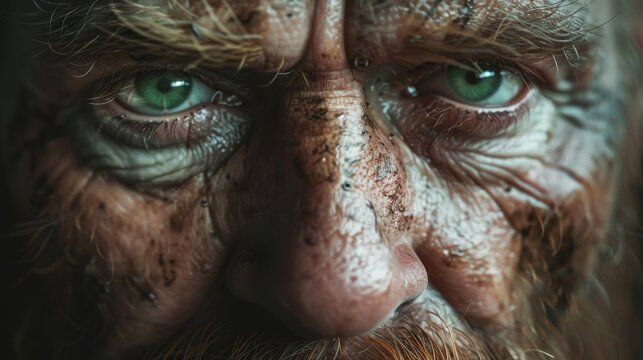 Cinematic close up of a gritty viking man, 46, showcasing striking green eyes and detailed skin