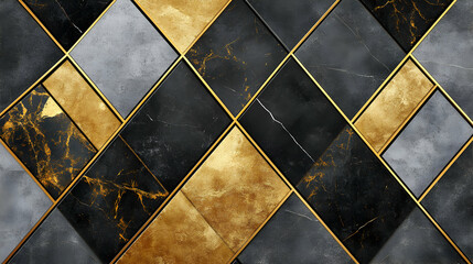 Elegant Black, Gold, Grey Marble Tile Design: Geometric Pattern Shows Luxury and Sophistication.