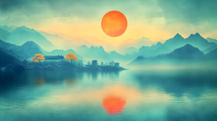 Serene Asian Lake Sunset, Misty Mountains Reflecting on Calm Waters with Ancient Temples and Golden Trees