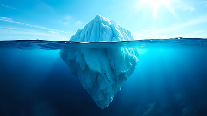 An iceberg, reveals its massive underwater structure beneath the surface of a serene blue ocean. Ai Generated.