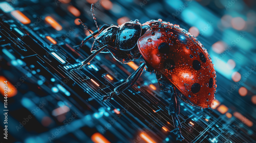 Poster close-up view of a red ladybug on a futuristic digital background with abstract patterns and illumin