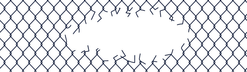 Broken chainlink fence with ripped wire and barbed mesh. Old metal barrier design for cages and steel borders. Flat vector illustration isolated on white background.