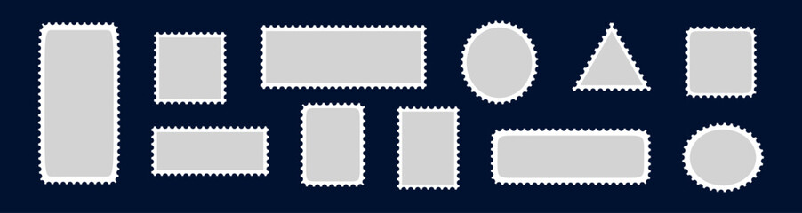 Perforated postage stamp frame with rectangular edges and postmark design. Vintage template for postcards, letters, and envelopes. Flat vector illustration isolated