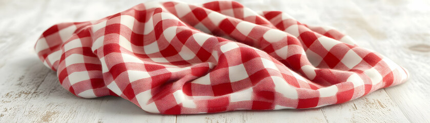 Obraz premium Red and White Gingham Fabric, A Rustic, Checkered Textile Draped Elegantly on a Wooden Surface