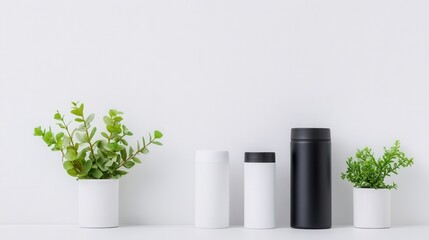 Fototapeta premium Modern minimalist layout featuring white and black canisters alongside two potted green plants on a clean white surface, emphasizing contrast, nature, and elegant design.